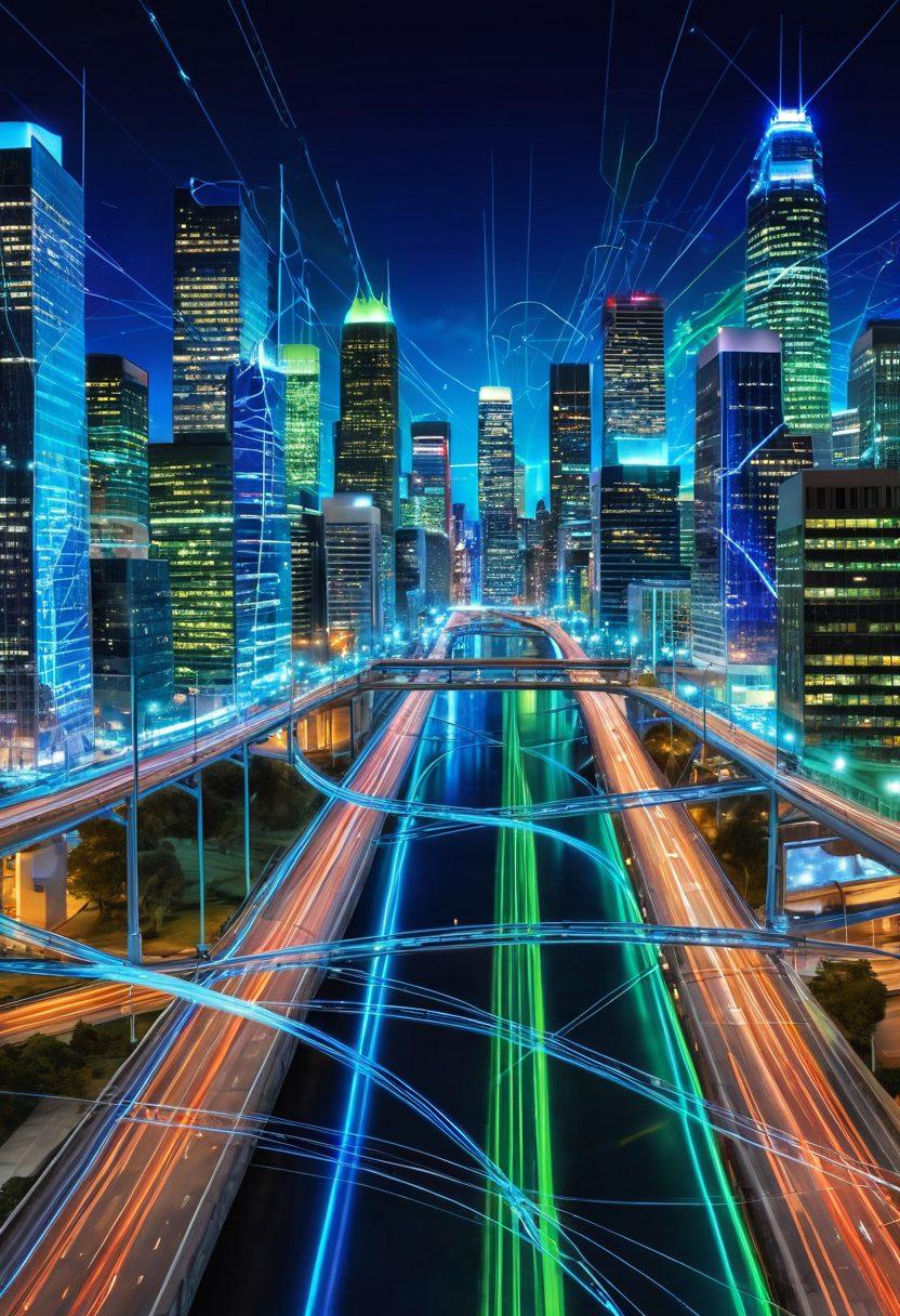 An abstract representation of interconnected digital pathways symbolizing web gateways, featuring vibrant streams of light and data flow across a bustling city skyline. Include visual elements like routers and antennas integrated into modern architecture, illustrating seamless internet access in everyday life. The color scheme should be bright and dynamic, blending shades of blue and green. super-realistic. vibrant colors.