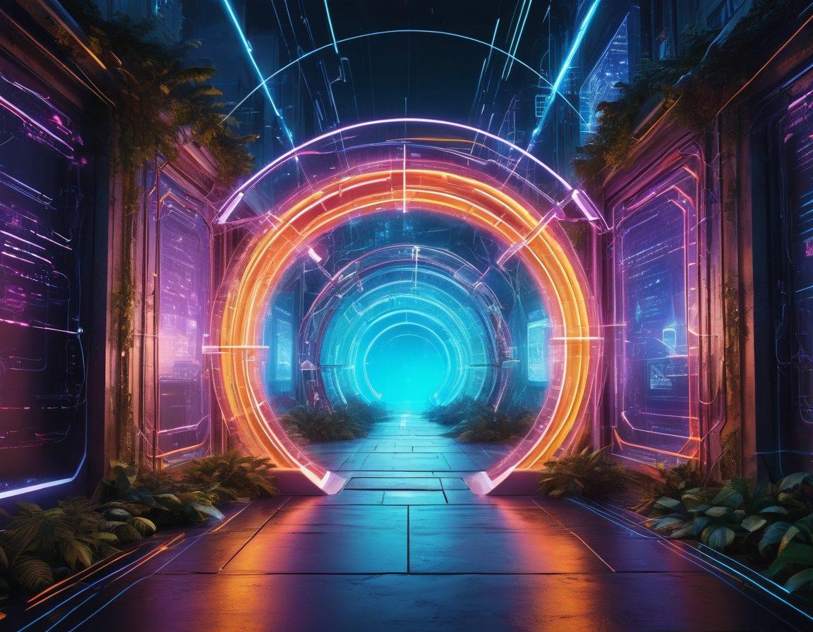 A futuristic digital landscape showcasing various web gateways represented as shimmering portals connecting diverse online experiences. Incorporate elements like data streams, vibrant geometric shapes, and glowing connections between devices symbolizing seamless online integration. The scene should evoke a sense of exploration and innovation, with a bright and inviting color palette that suggests a bright future. super-realistic. vibrant colors. digital art.
