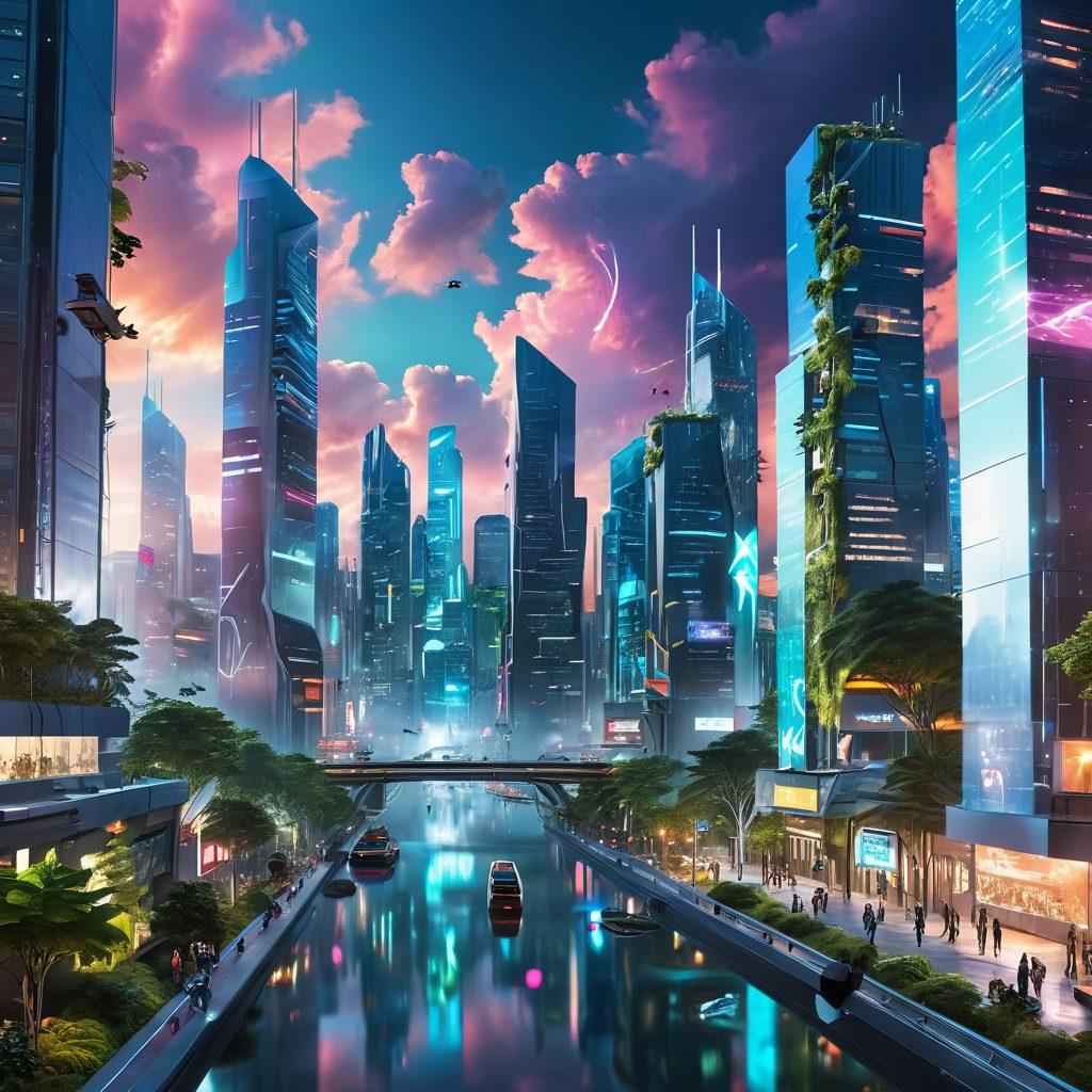 A futuristic city skyline with floating virtual platforms displaying digital services, integrated with vibrant cloud solutions. Citizens interacting with advanced tech, holographic interfaces, and lush greenery blending with urban architecture. Bright, optimistic colors showcasing innovation and connectivity. cyberpunk. super-realistic.